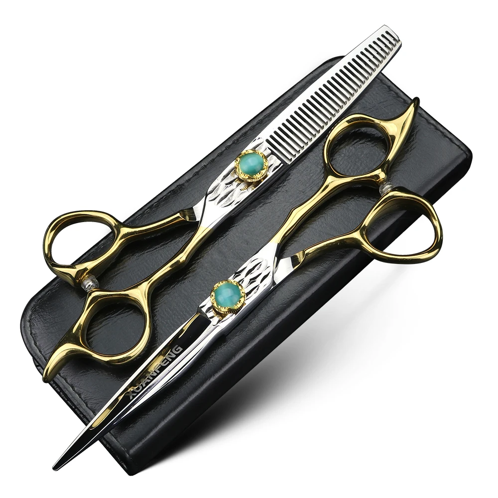 

XUANTENG Golden 6-inch hair scissors, green agate screw cutting scissors, and thinning scissors set