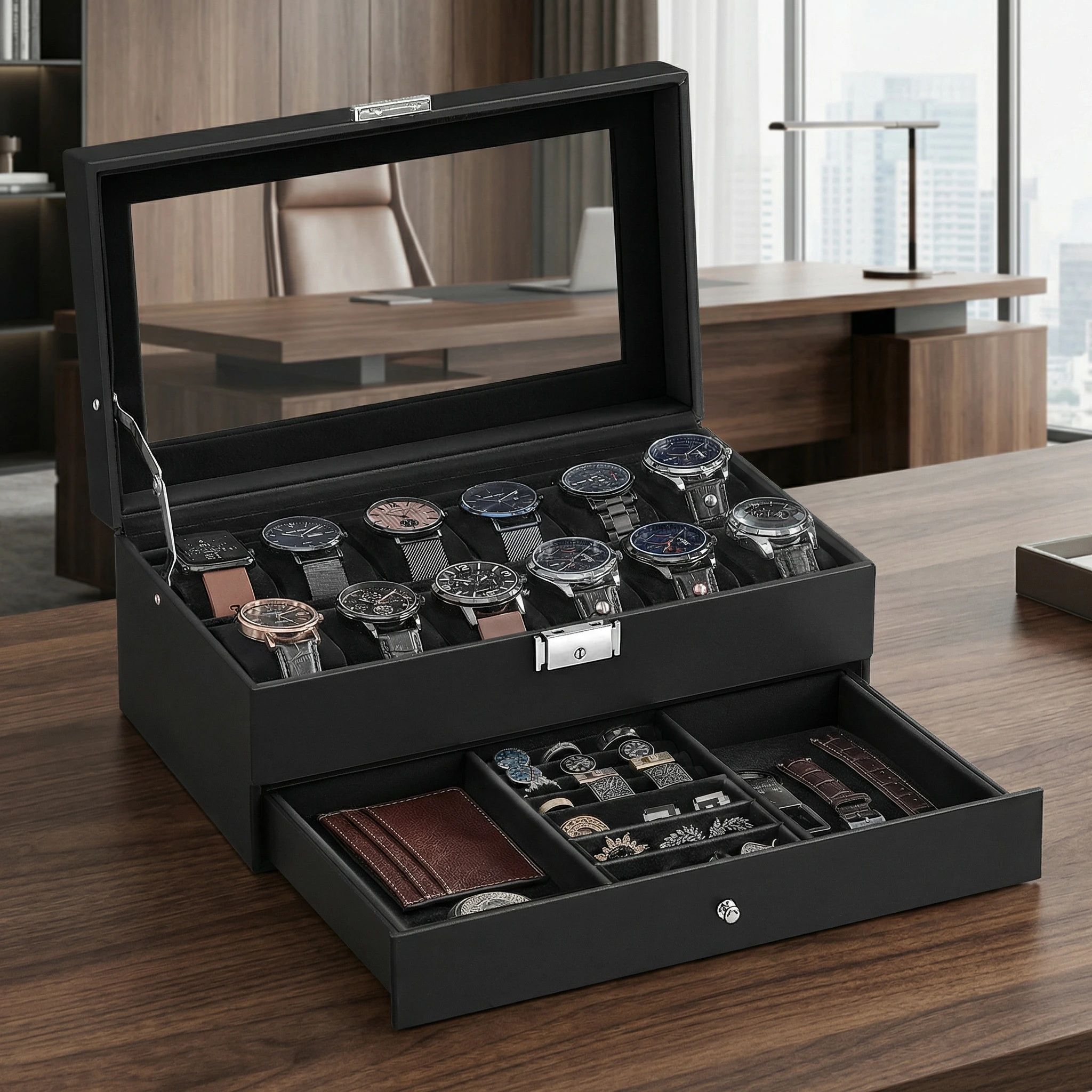 

Коробка для часов SONGMICS, органайзер для 12 часов с большой стеклянной крышкой, 2 слоя, съемные подушечки, металлический замок