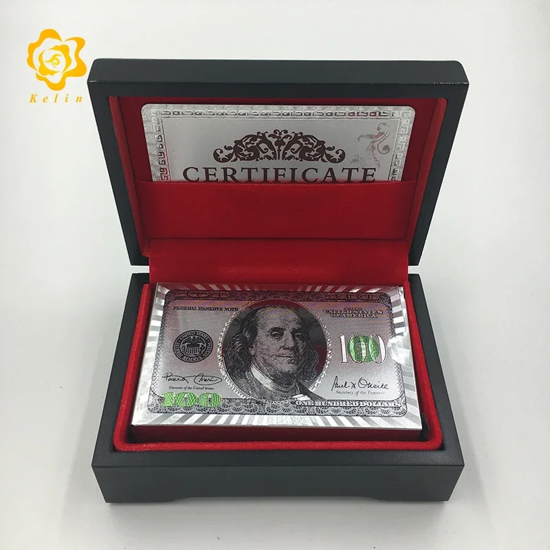 PET material Gold or Silver Plated Plastic Poker Cards 100 USD Banknote designed playing cards with wooden box select