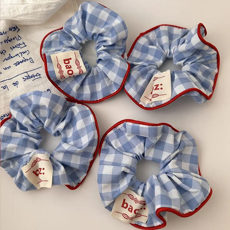 

New Scrunchies Blue Plaid Grid Red Hem Large Size Hair Tie Sweet Cute Elastic Hair Band Women Hair Accessories