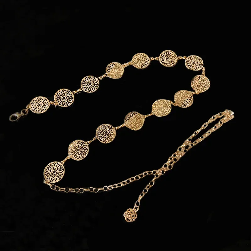 Elegancki Okrągły Metalowy Pas Dla Kobiet Retro Złoty Srebrny Rzeźbiony Wydrążony Łańcuch Długie Paski Moda Sukienka Ozdobny Damski Pasek