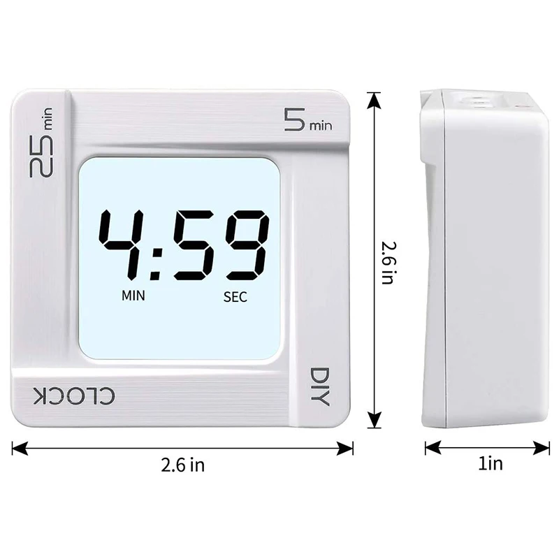 Kitchen Timer, 5 Minute, 25 Minute And DIY Minute Preset Countdown Timer With Clock And Snooze Function, Mini Size