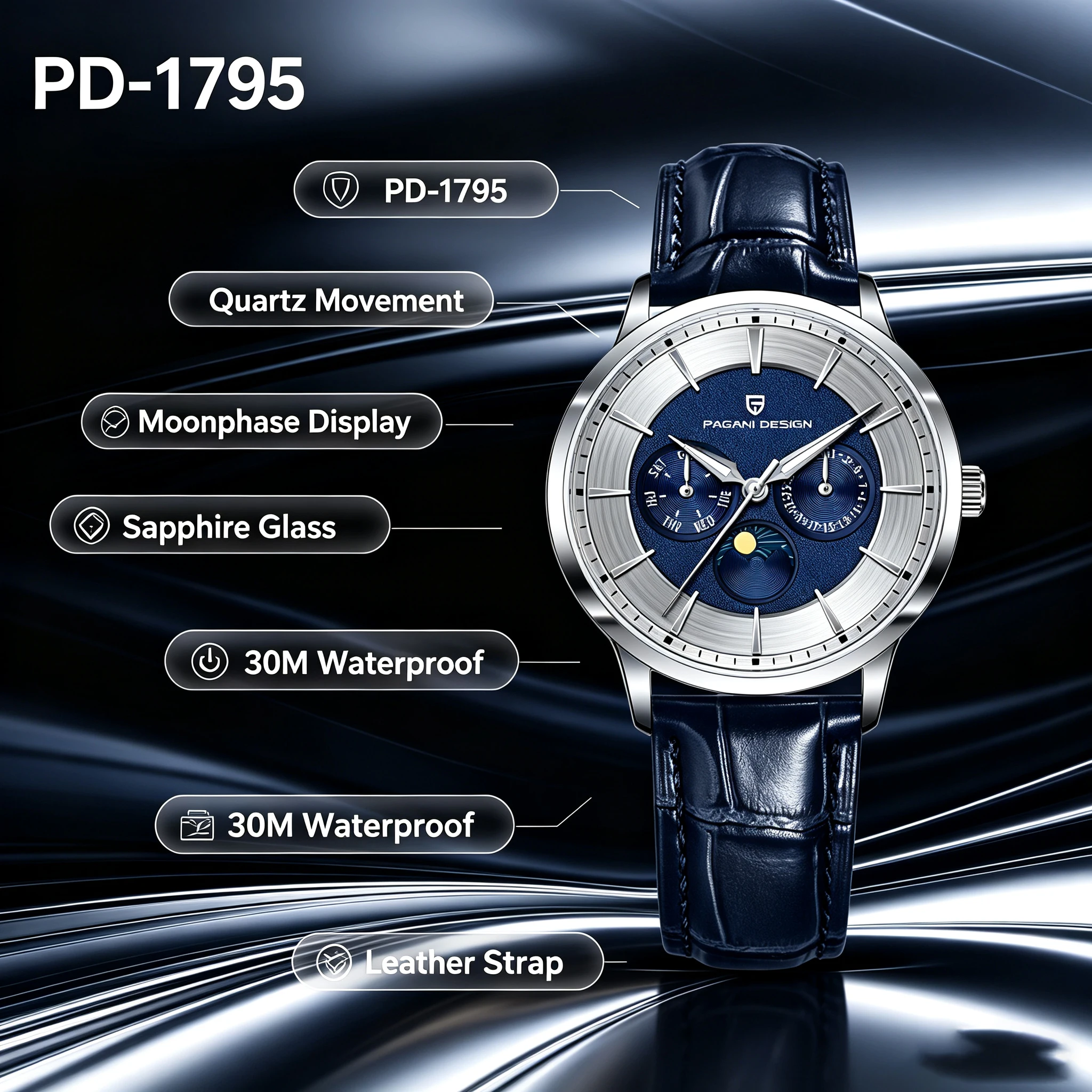 PAGANI DESIGN Men Quartz Watch Japan EPSON VX3HA Movement Moon Phase Wristwatch 40MM Sapphire PU Leather Strap Reloj Hombre view 5