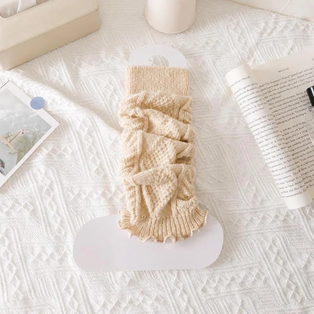 Lolita Knitted Knee Socks Vertical Stripe Solid Color Leg Warmers Stacked Crochet Design Knee Sleeves Winter Season