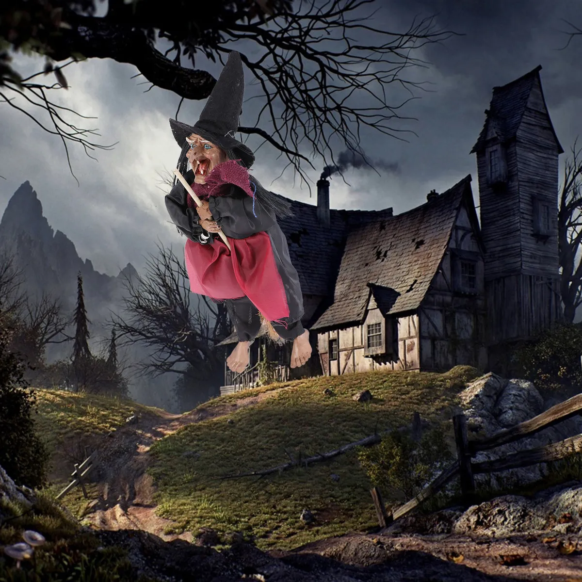 Halloween Hanging Witch Decoration Vivid Life Like Design Activated Glowing Eyes Horror Scream Spooky Atmosphere
