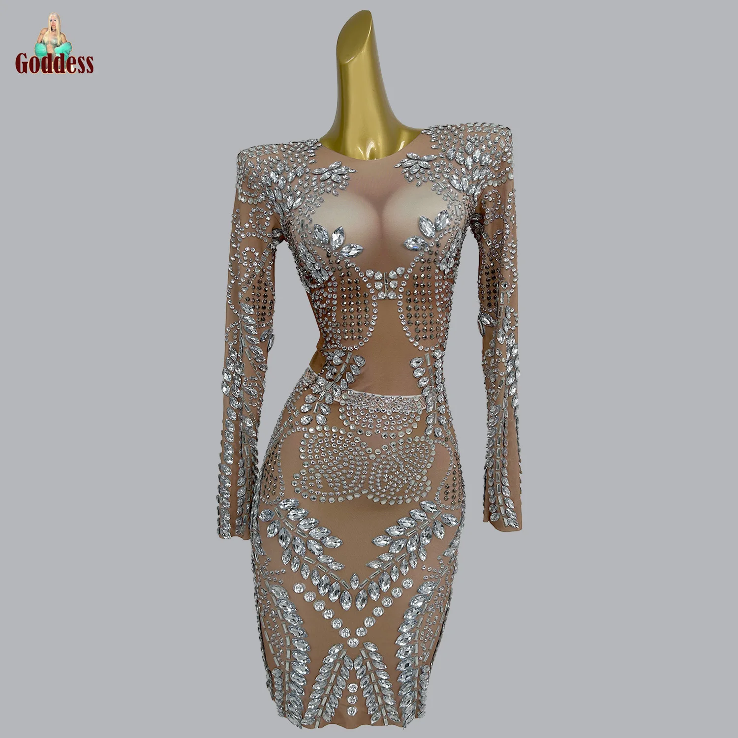 

Luxury Full Sparkly Rhinestones Wrap Dress for Women Evening Prom Celebrate Bodycon Dress Sexy See Through Mesh Singer Show Wear