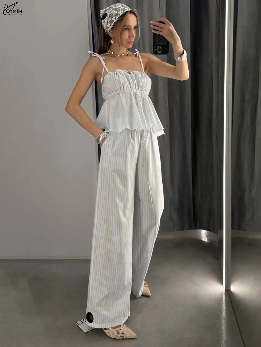 

Модный белый комплект Oymimi из 2 предметов для женщин, новые летние блузки с рюшами на тонких бретельках и брюки с карманами