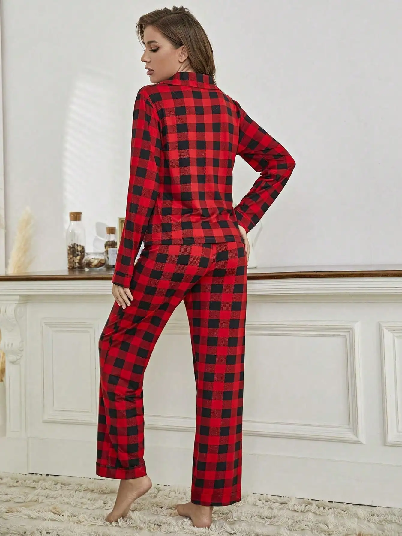 Women\'s Pajamas Plaid Cardigan shirt lapel fall pajamas set