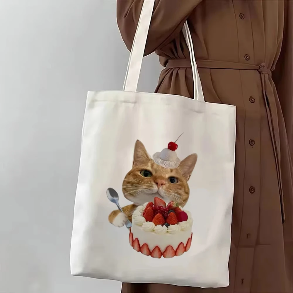 Lustige Orangefarbene Katzen-Bedruckte Canvas-Tragetasche Erdbeerkuchen-Kätzchen Damen-Schultertasche Umweltfreundliche Wiederverwendbare Einkaufstasche – Detail 6