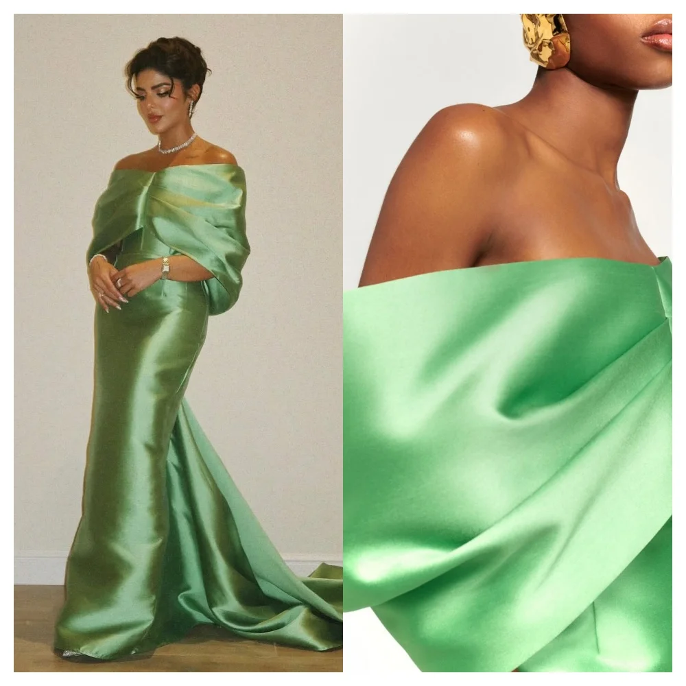 Customized Formal Green Satin Evening Dress Modern Boat Neck Off theShoulder Sleeveless Party Dress High Quality Celebrity Gowns