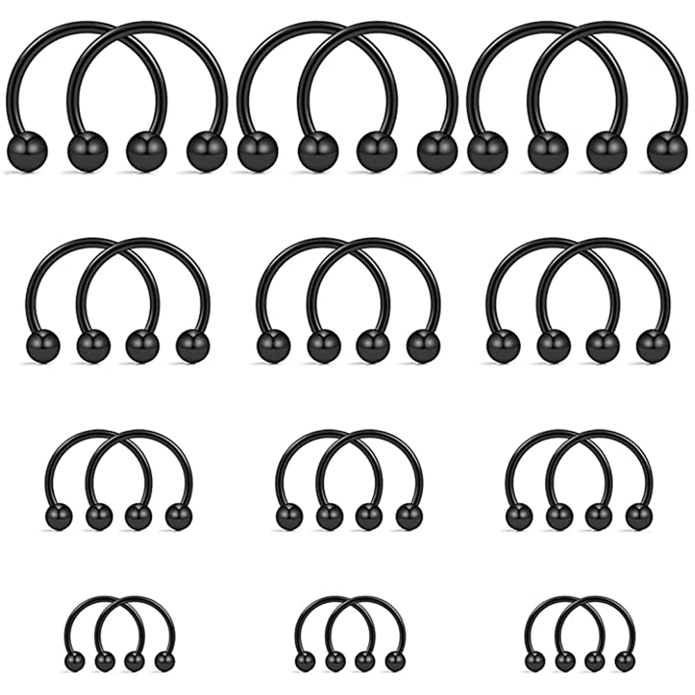 WKOUD 8PCS Surgical Steel Ball&Spike Horseshoe Nose Septum Piercing Ring Black Set Ball Cone