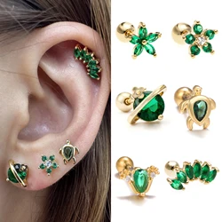 1PC Stainless Steel Stud Earring for Women Green Zircon Crystal Flower Cartilage Helix Conch Tragus Piercing Earrings Jewelry