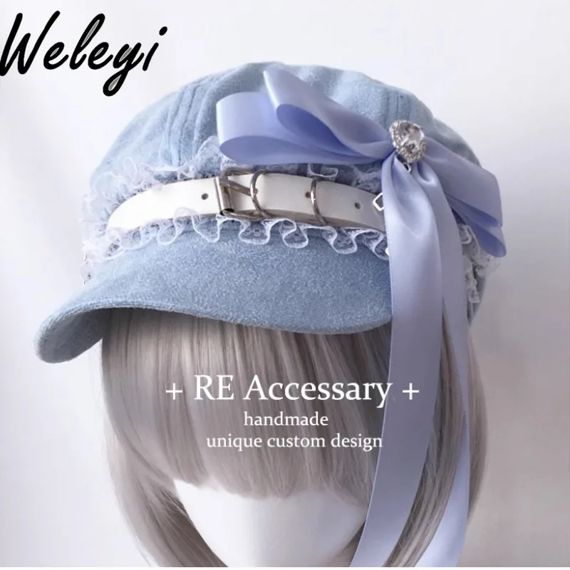 

Subculture Water Color Mine Series Beret Jirai Kei Accessories Original Japanese Woman Mass Production Rhinestone Love Bow Hats