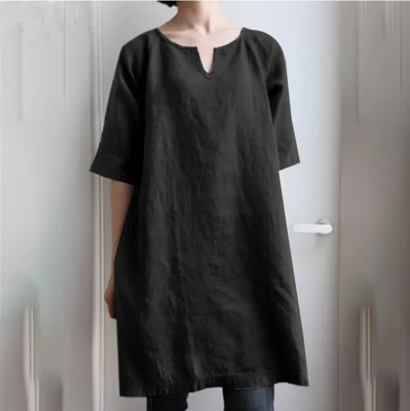 Robe d'été décontractée en coton et lin pour femme, mini-robe à demi-manches, t-shirt éducatif coréen, monochrome, Y2K