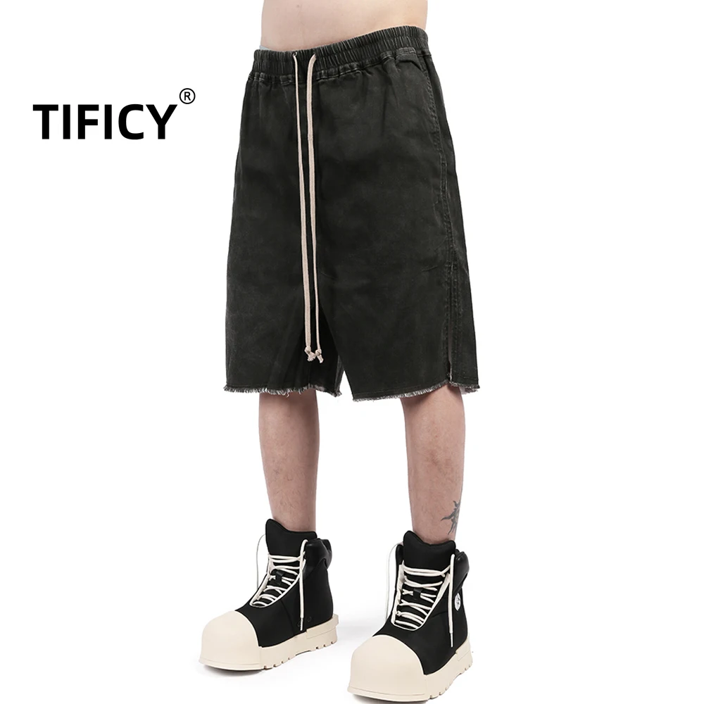 

Dark RO Cotton Shorts Men's Washed Cigarette Ash Slit Silhouette Five Quarter Pants with Distressed Edges Denim Shorts RICK