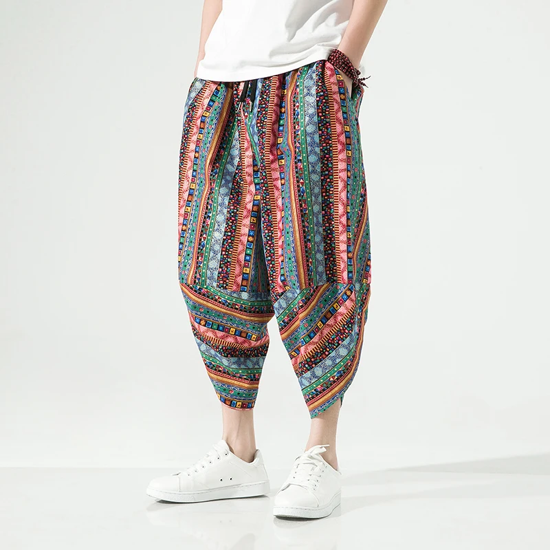 

2023 Summer Harajuku Calf Length Casual Men's Pants Wide Leg Cotton Printing Harem Baggy Pants Fashion Men's Clothing