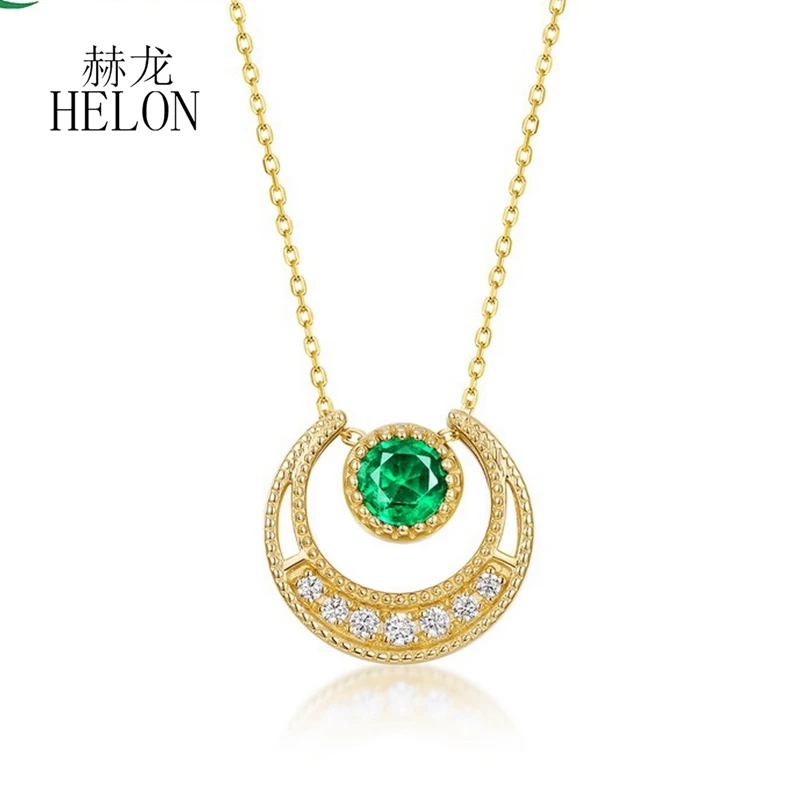 HELON Solid 18K Yellow Gold Moon Genuine Tsavorite Diamond Necklace Pendant Trendy Classic Lock Chain Charm Fine Jewelry Gift