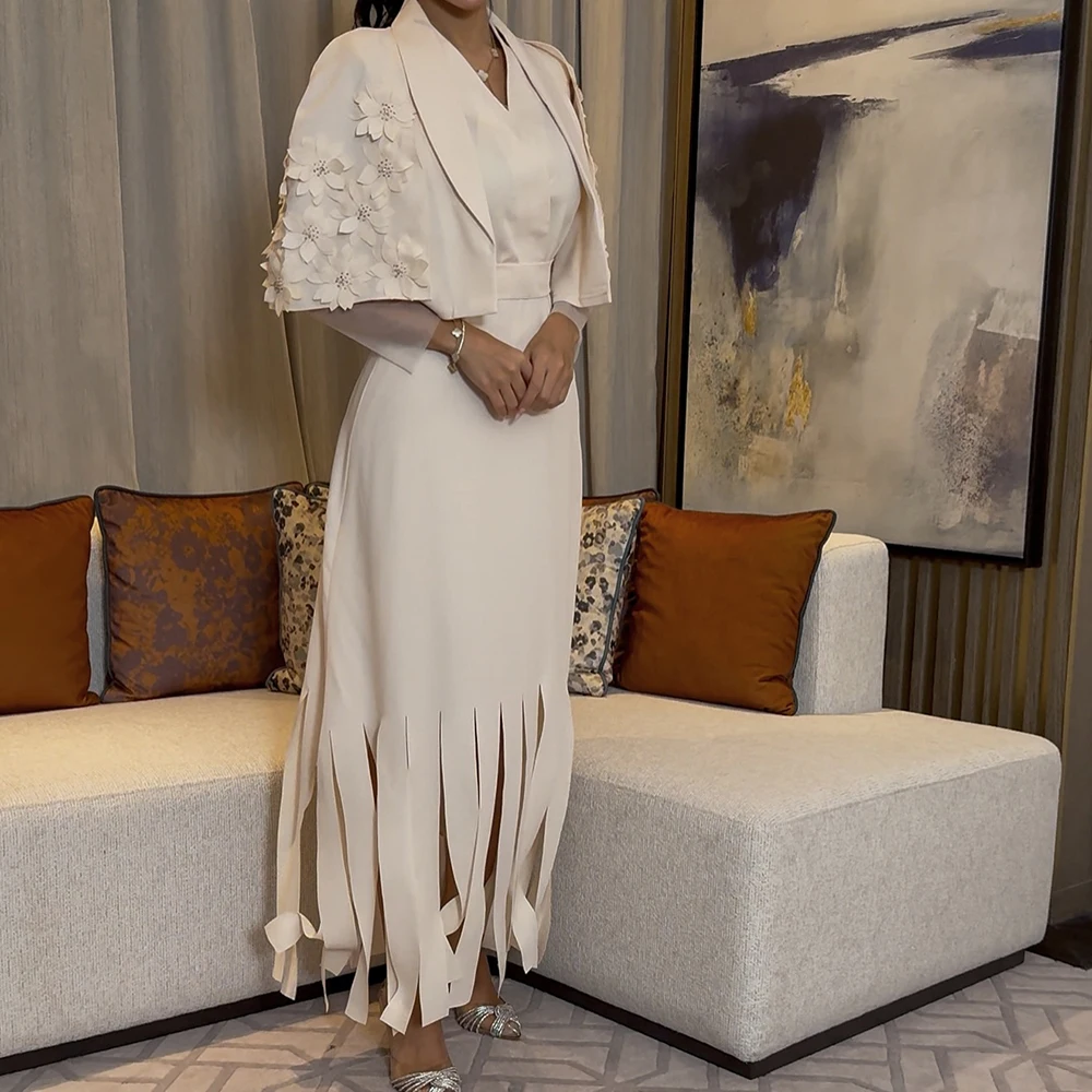 فساتين سهرة مخصصة على شكل حرف a بطول الكاحل ورقبة على شكل حرف v وأكمام طويلة فستان حفلات موضة الزهور سرق ثوب حفلة ثنيات بسيط #4