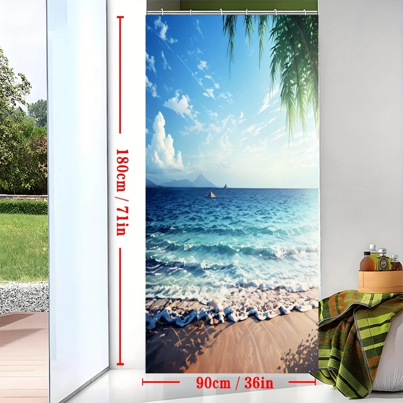 Tropical Island Beach-Themed Shower Curtain - Waterproof, High-Resolution Maldives Photography Design with Hooks, Perfect for Ba