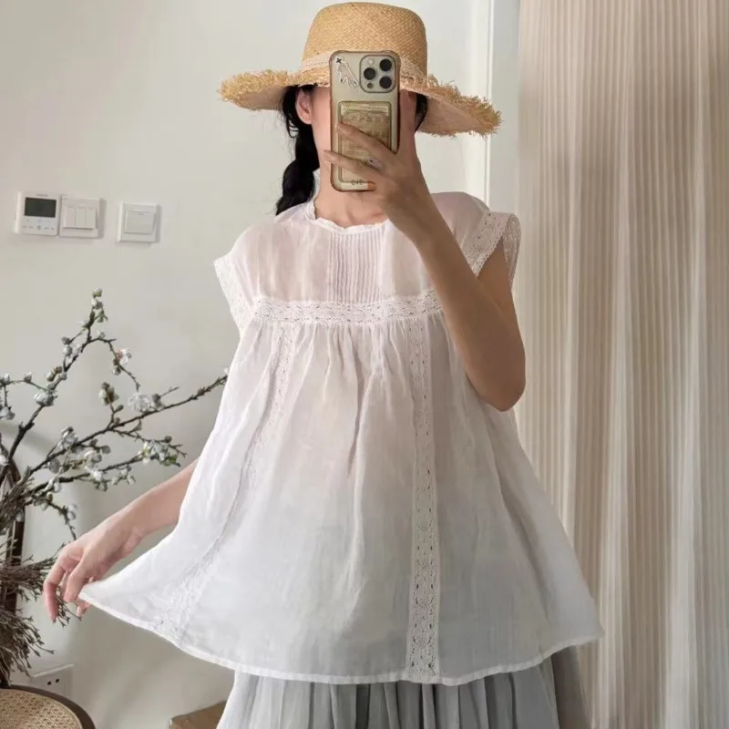 

Johnature Ramie Crew Neck Panelled Vintage Breathable Sleeveless Women Top Summer New Casual Simple Loose Thin Blouses