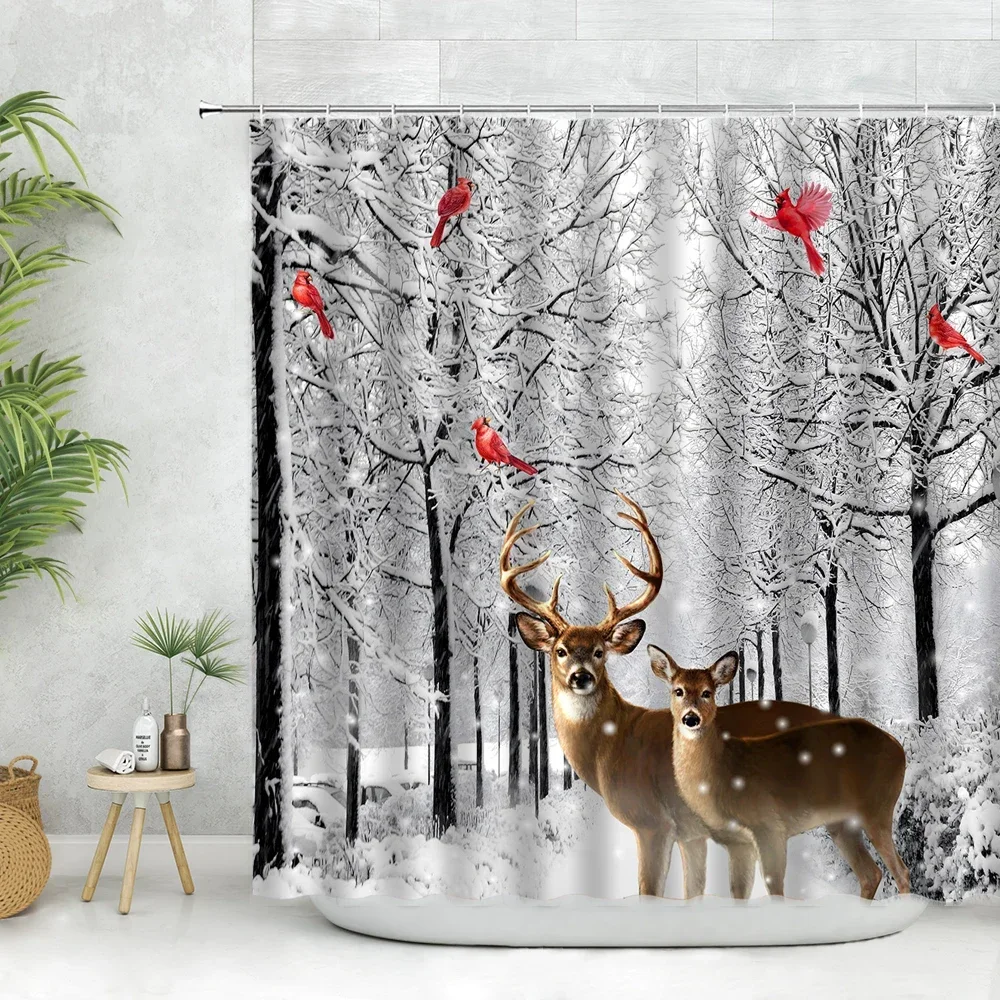 

Christmas Shower Curtains Cardinals Red Bird Stands on the Tree Winter Forest Snow Scene Decor Bathroom Curtain Polyester Fabric