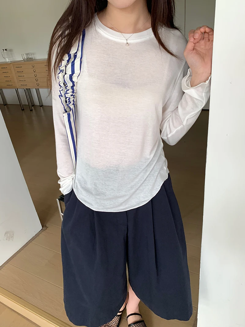 Frühlings-T-Shirt für Damen, lässig, einfarbig, Rundhalsausschnitt, langärmelig