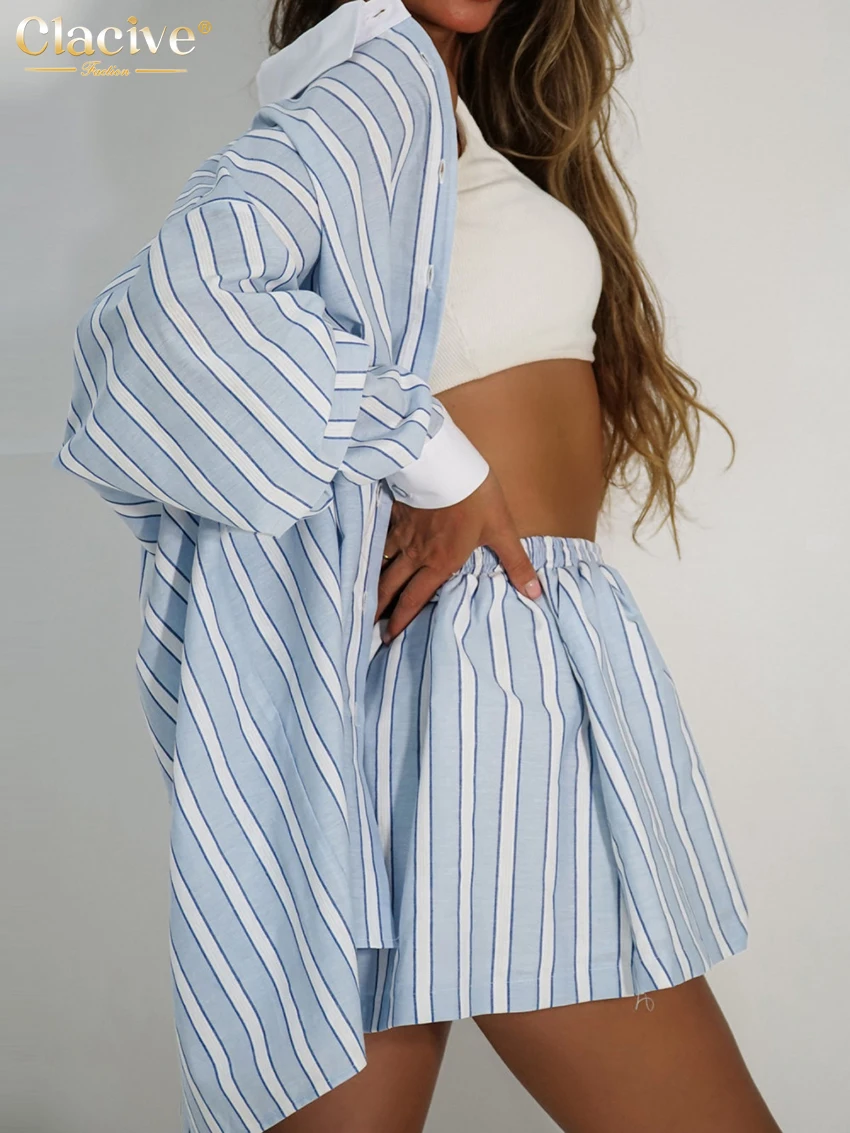 Clacive Fashion Loose Stripe Print 2 Piece Set Women Outfit 2024 Elegant Long Sleeve Shirt With High Waist Shorts Set Streetwear