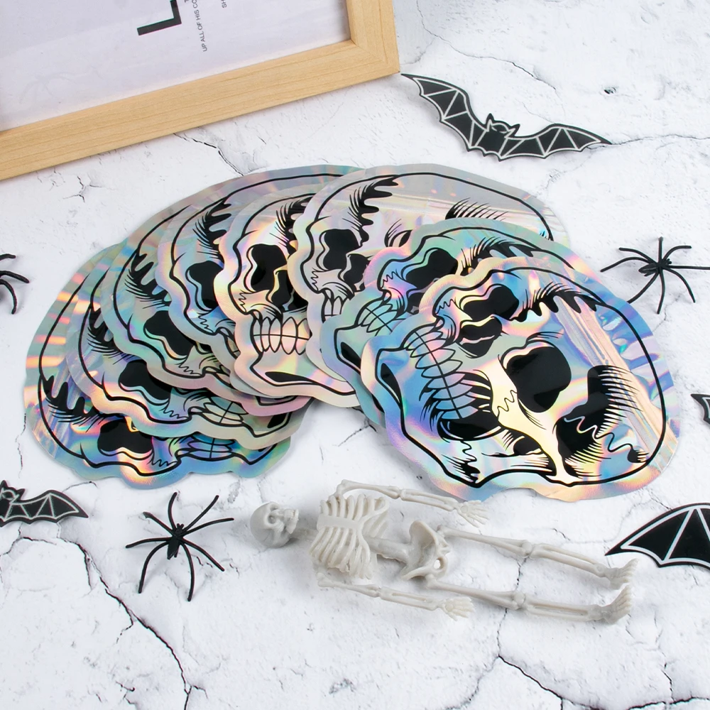 20 Stück Halloween holografische Totenkopf-Süßigkeitstüten, Geschenk, Kekse, selbstdichtende Verpackungsbeutel, Leckerli-Beutel für Halloween-Party-Dekoration