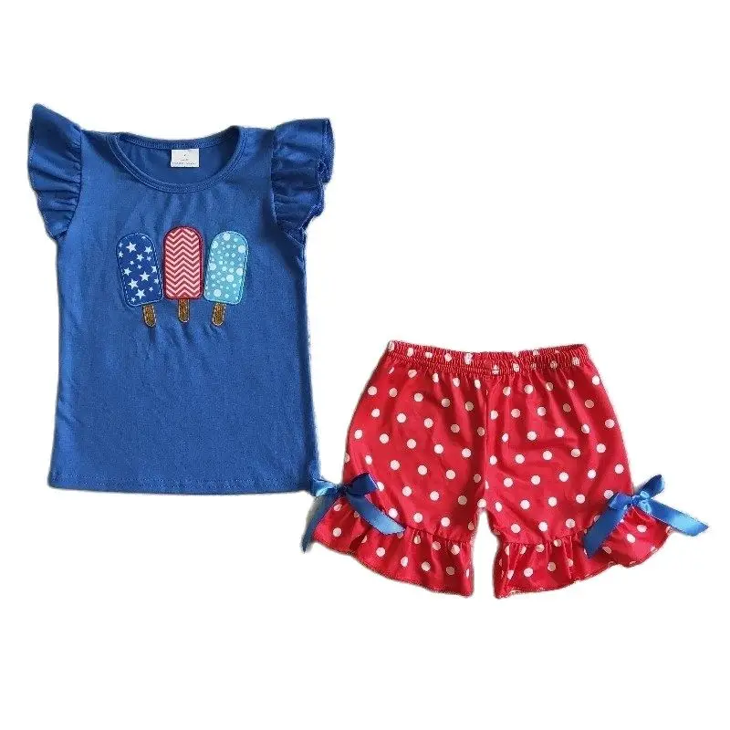 July 4th Baby Girl Summer Embroidery Popsicle Clothes Children Red Shorts Kids Wholesale Infant Outfit Independence Toddler Set