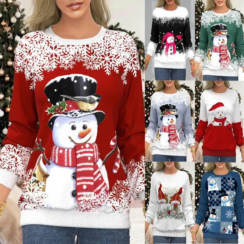 Christmas Women\'s T-Shirt Fashion Santa Claus Snowman Print Ing O-Neck Long Sleeve Tops Elegant Sweatshirts Festival Pullover