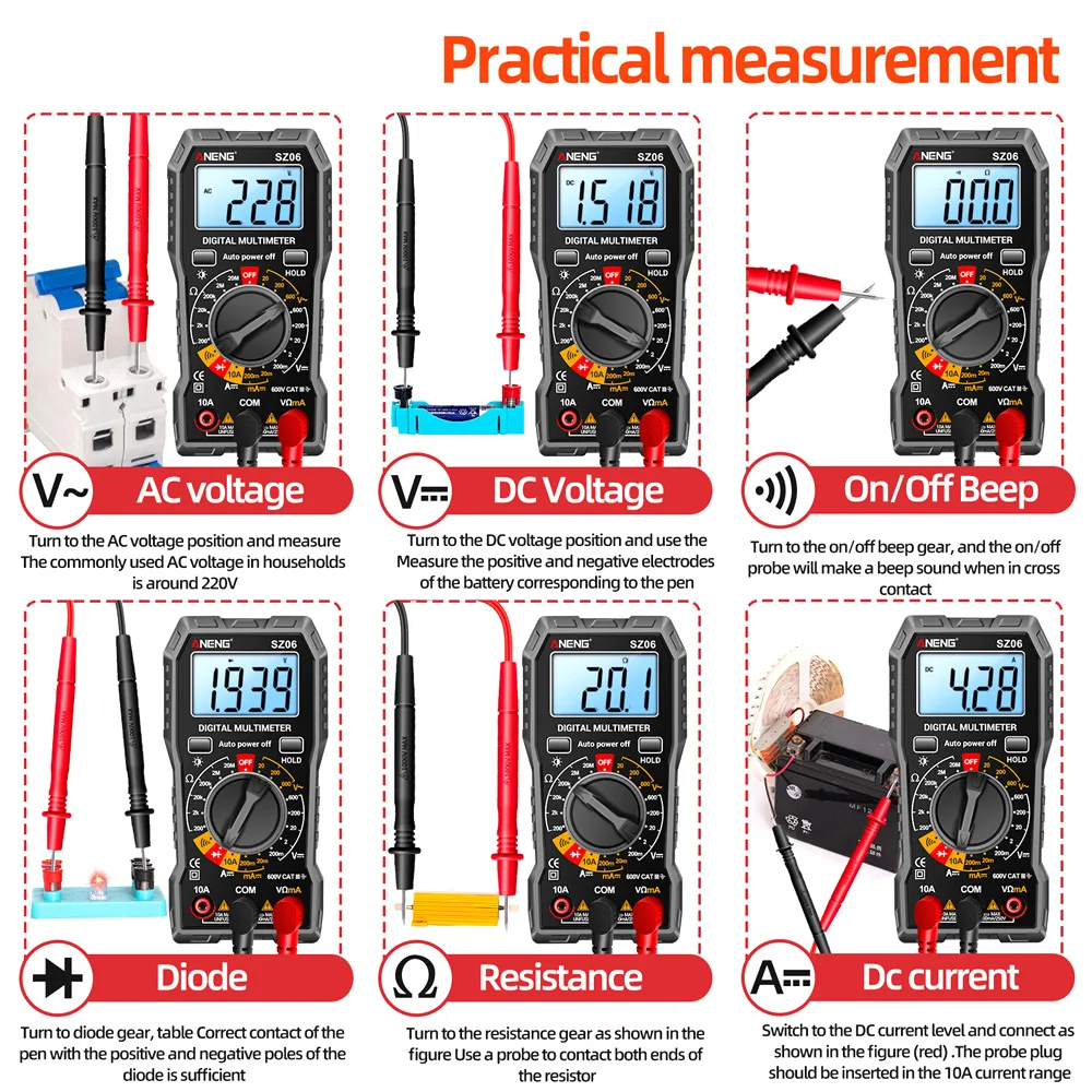 SZ06 Digital Multimeter Voltage Resistance Meter AC/DC Ammeter Voltmeter 2000 Counts Electrician Diode Ohm Tester LCD Backlight