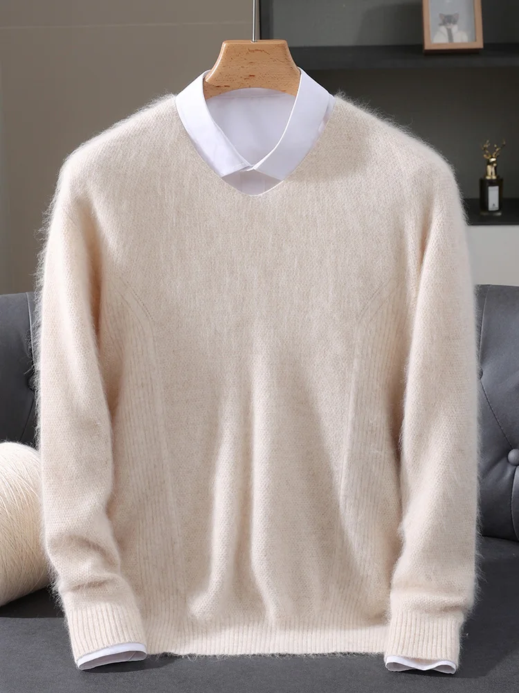 TLOML New Men's 100% Mink Cashmere Sweater V-Neck Solid Pullover Smart Casual Soft Warm Autumn Winter Mink Cashmere Comfy Tops