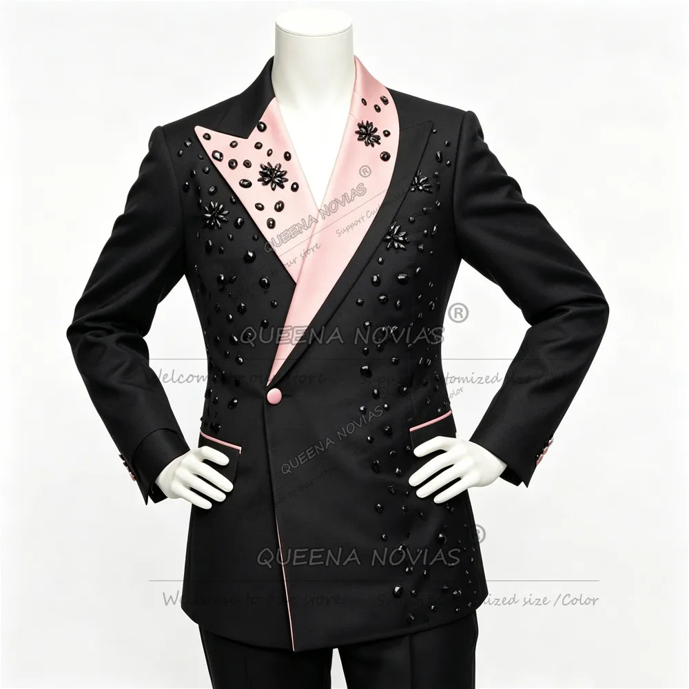 Luxury Suits Men 2 Pieces Sets Pink Shawl Label Prom Blazers Customized Rhinestone Jacket Pants Slim Fit Groom Wedding Tuxedos