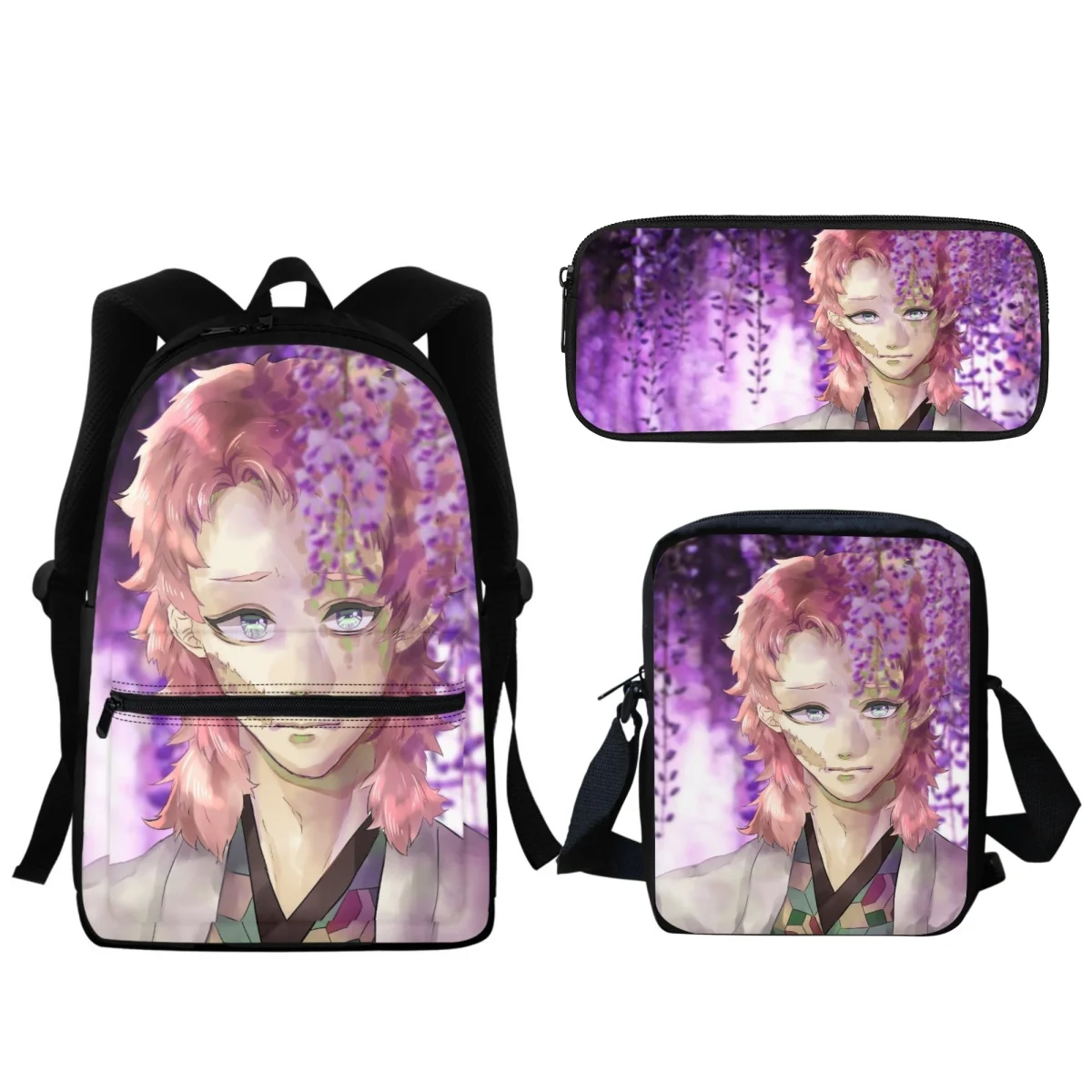 3Pc Set Demon Slayer Anime Printing Girl Backpack Zipper Student School Bag Pencil Case Travel Small Shoulder Messenger Bags