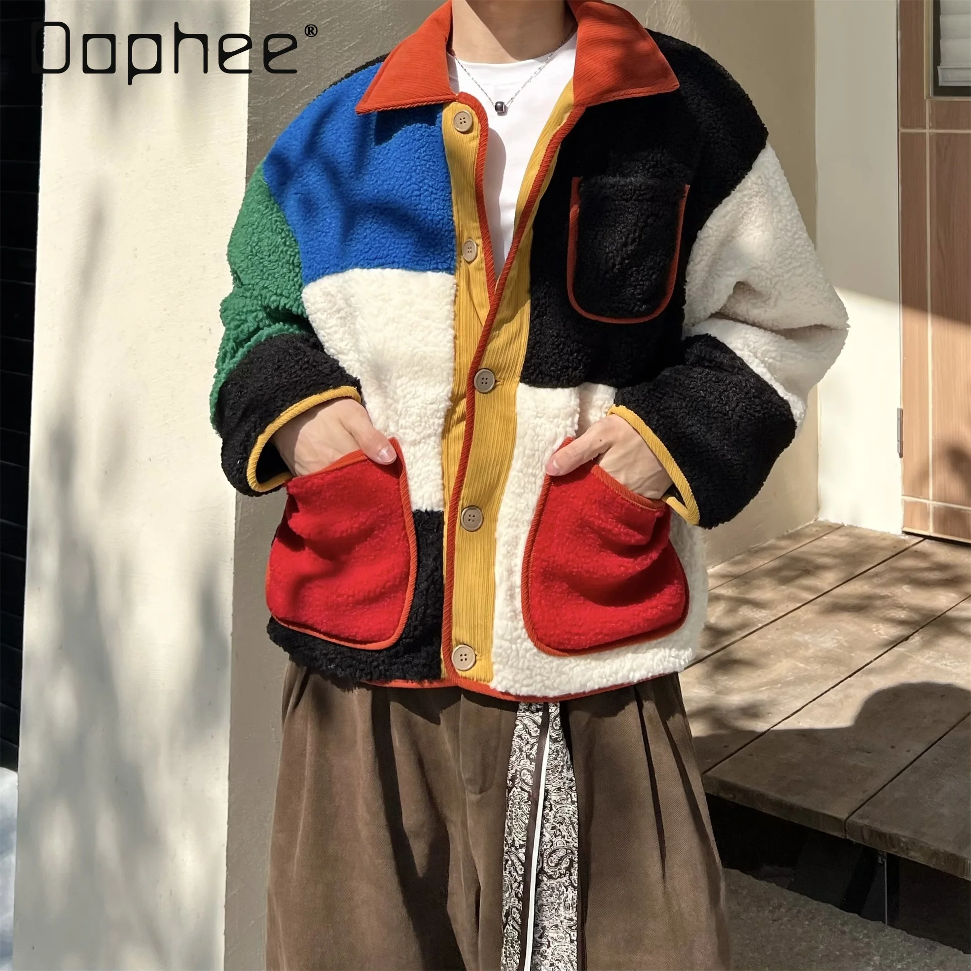 

2025 Autumn Winter New American Retro Geometric Color Block Patchwork Lamb Wool Jacket Men's Short Loose Casual Coat