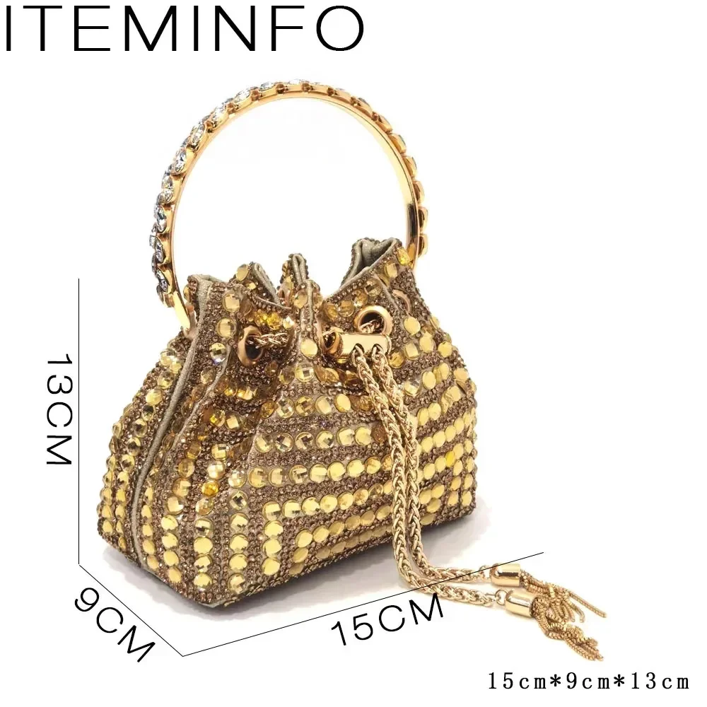 Shiny Gold Rhinestone Shoe & Bucket Bag Set | Pointed Crystal Heels, Womens Lux Wedding Eve Bridal Formal Prom Match Purse Kits