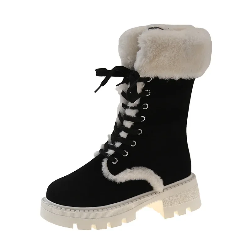 2024 Winter New Thick Heel Warm Lace-up Mid-calf Boots Women's British Style with Fleece and Thick Round Head Fashion Boots