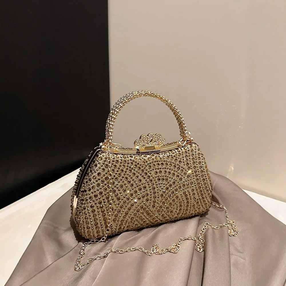 حقيبة سهرة نسائية جديدة من الكريستال الذهبي لعام 2025، محفظة أنيقة بمقبض من حجر الراين، حقيبة يد فاخرة لامعة للحفلات والولائم