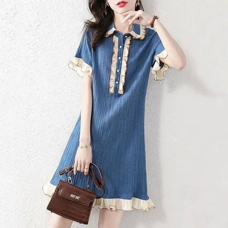 

Women's Summer Patchwork Doll Neck Casual Dress Oversized Loose Fitting Casual Dress Party Dresses Blue Dress Straight Skirt