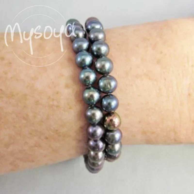

MYSOYA Black And Gray Freshwater Pearl Bracelet 7-8mm With Gift Box For Her/Him Birthday/Wedding/Christmas/New Year Gift