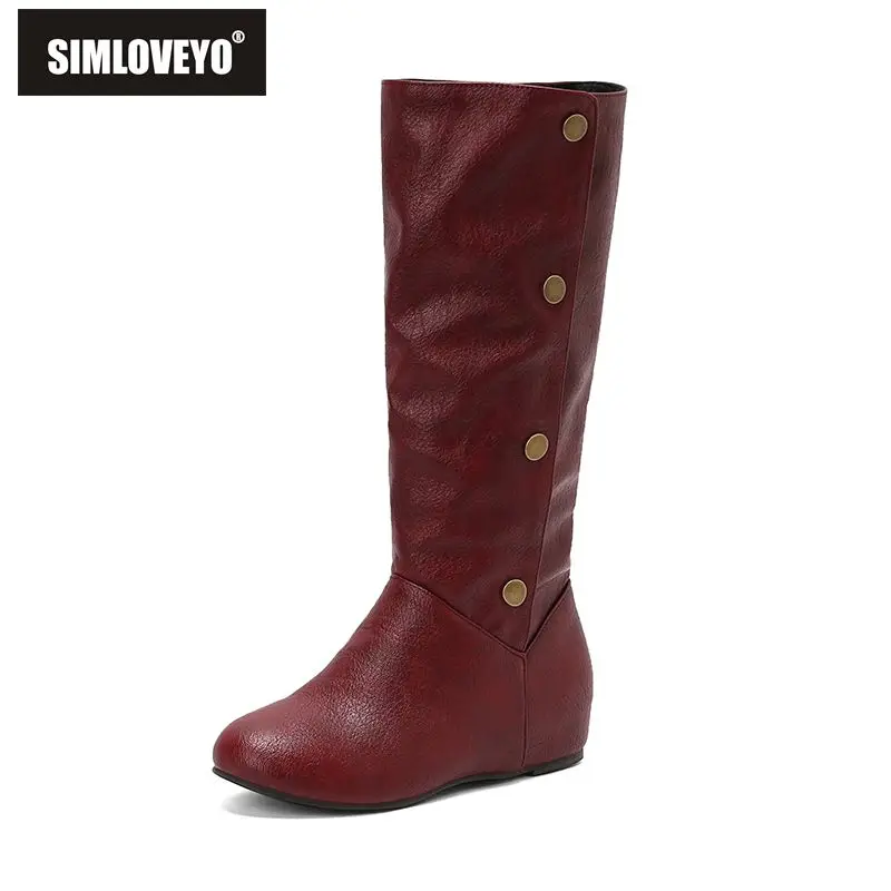 

SIMLOVEYO 2025 женские ботинки для отдыха до середины икры с круглым носком на танкетке, каблук 4 см, без шнуровки с металлическими заклепками, большие размеры 49 50