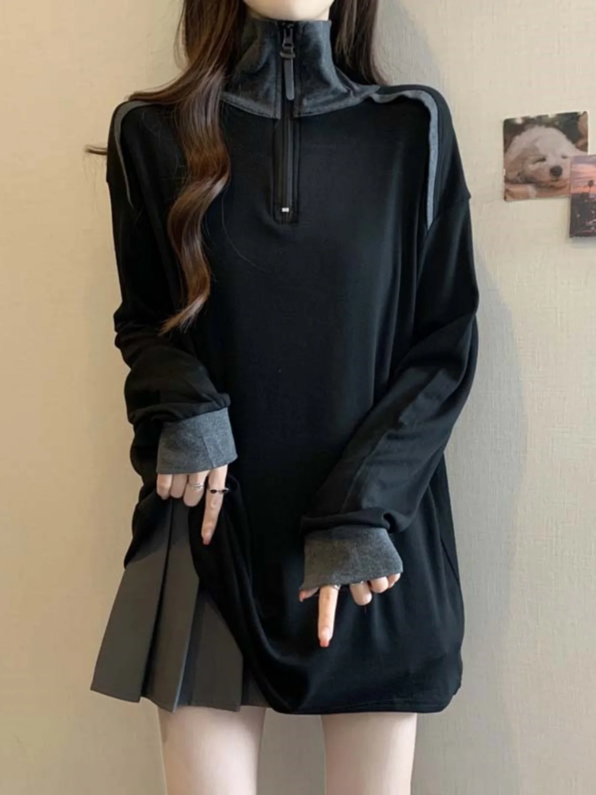 Zipper High Collar Long Sleeve Base Shirt Hoodie Women Spring Autumn plus Size Cover Butt mid Length Top Commute Style Loose Fit