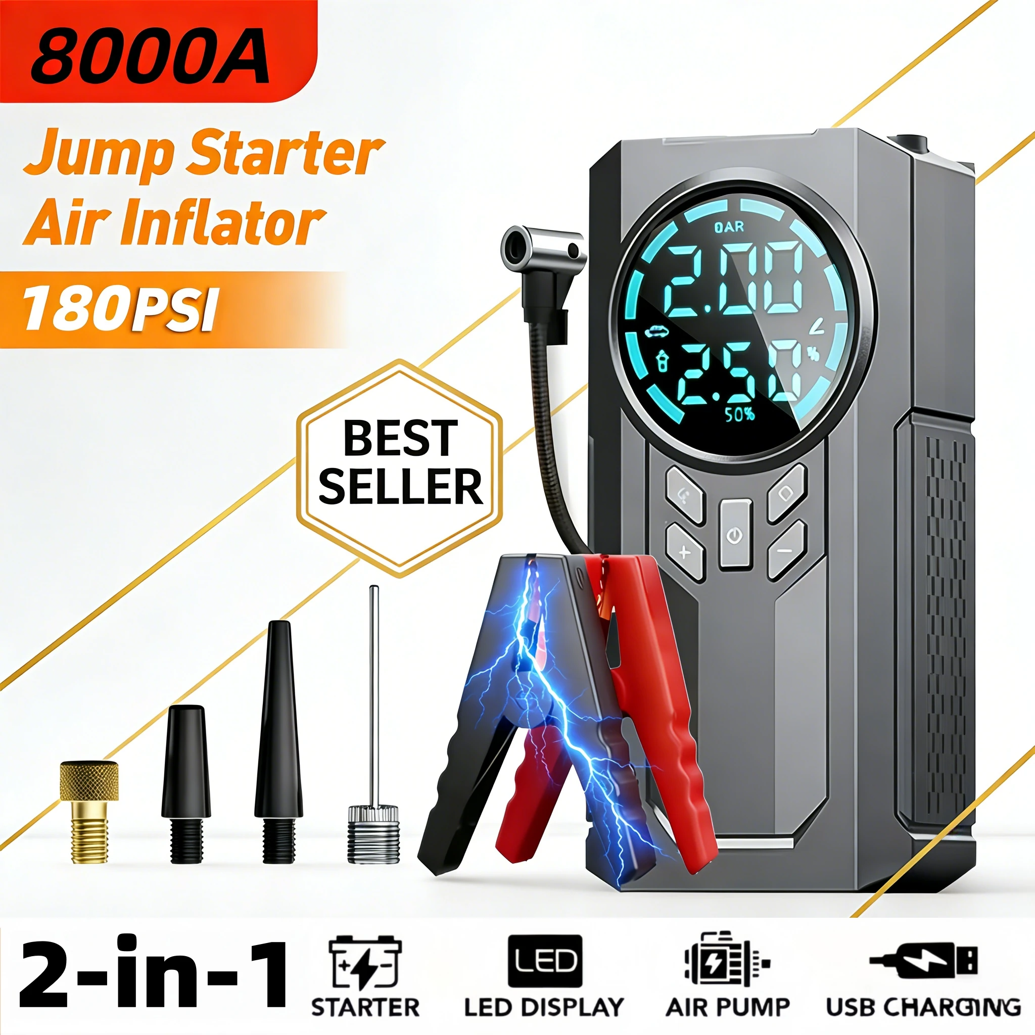 

Multifunctional Wireless Car Repair Tool, (Includes 180 Psi Air Compressor and 12/24V Battery Booster Starter, Equipped with 8000Mah Battery Pack), Car Emergency Rescue Tool