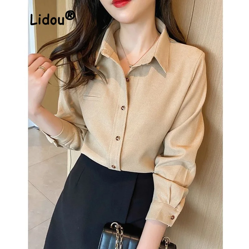 Fashion Solid Color Casual Single-breasted Blouse Women New Long Sleeve Occupation Polo Collar Korean Office All-match Shirt