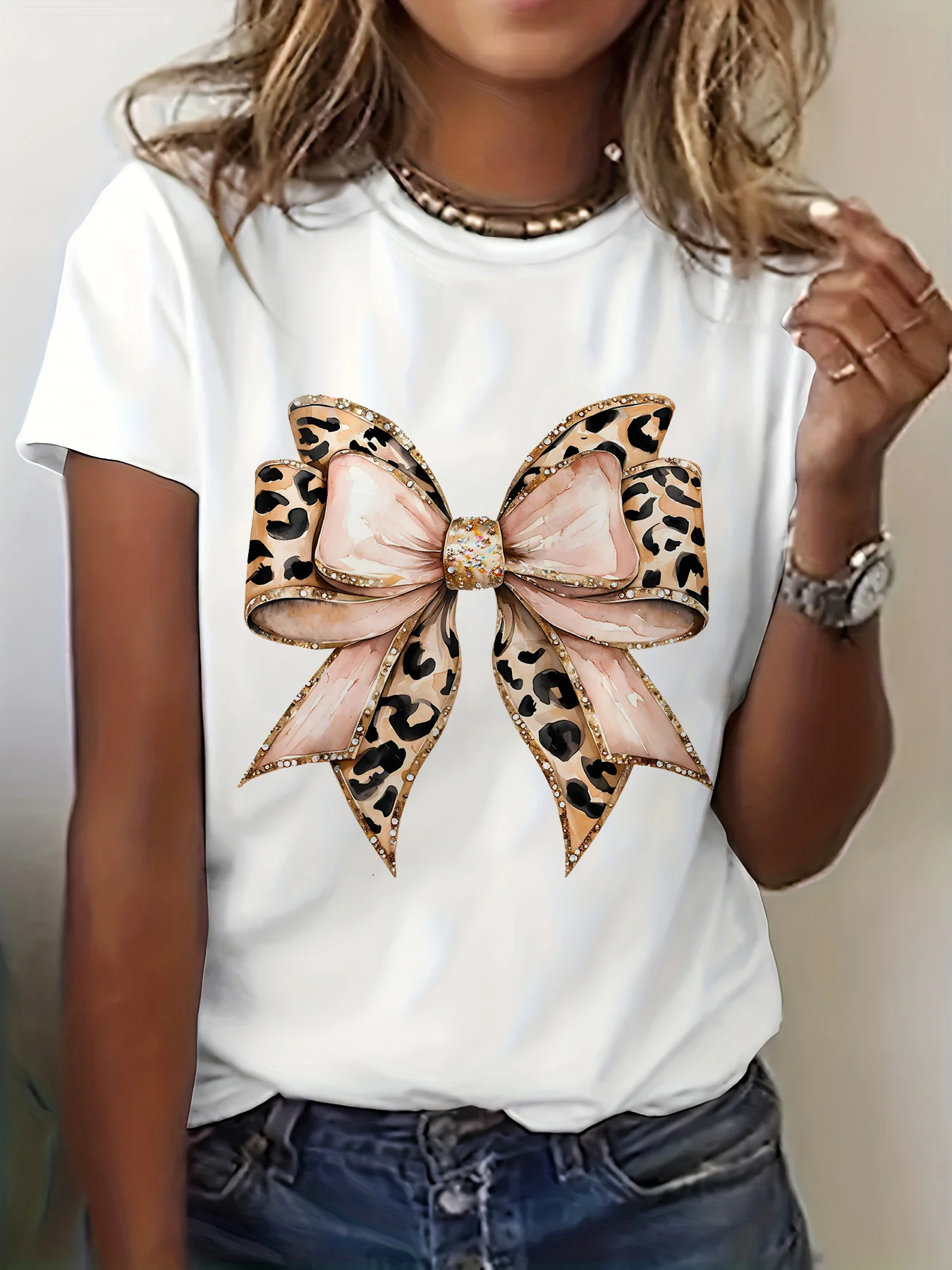 Leopard Print Tee Vintage Graphic Women's Leopard Print Coquette Bow TShirt Casual Crew Neck Short Sleeve Harajuku Sleeve Casual