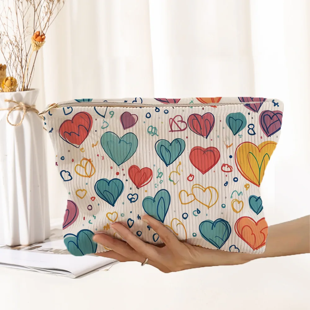 Cosmetic Bag Women's Bag Color Heart Print Corduroy Zipper Storage Bag Lightweight Cosmetic Bag Simple Funny Fashion Bags
