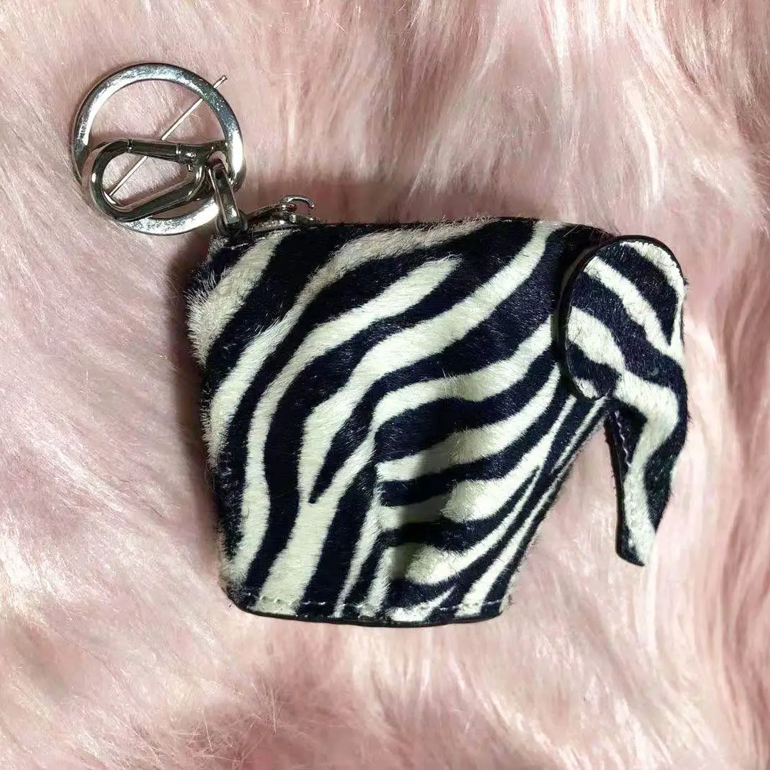 Zebra Elephant Charm Genuine Leather Calf Hair on Cowhide Fur Winter Animal Shaped Coin Purse  Keychain Pendant Christmas Gift