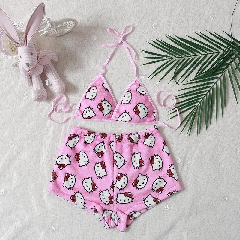 New Sanrio Ladies Pajama Two-Piece Kawaii Cartoon Hello Kitty Women Home Underwear Cute Summer Beachwear Bra Girl Birthday Gifts