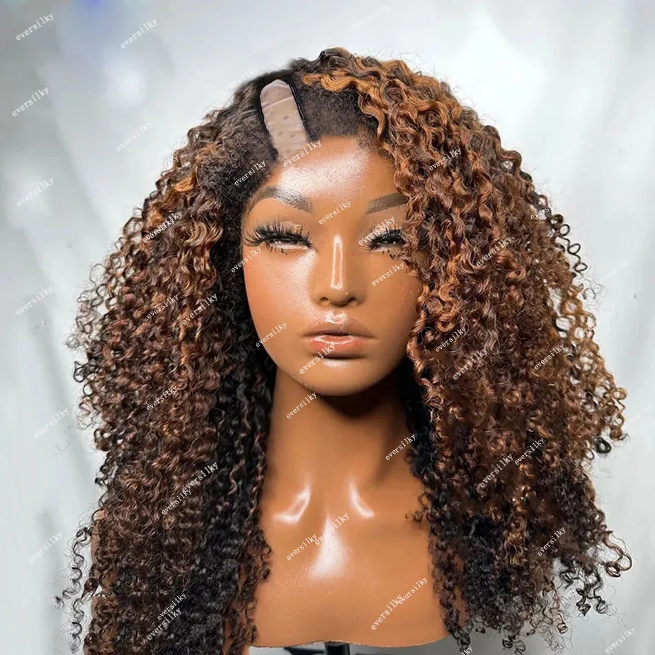 

Highlight Chestnut Brown 4B 4C Edge Kinky Curly V Part Wigs Unprocessed 100% Human Hair Water Curl Blonde Full U Shape Wig 250%