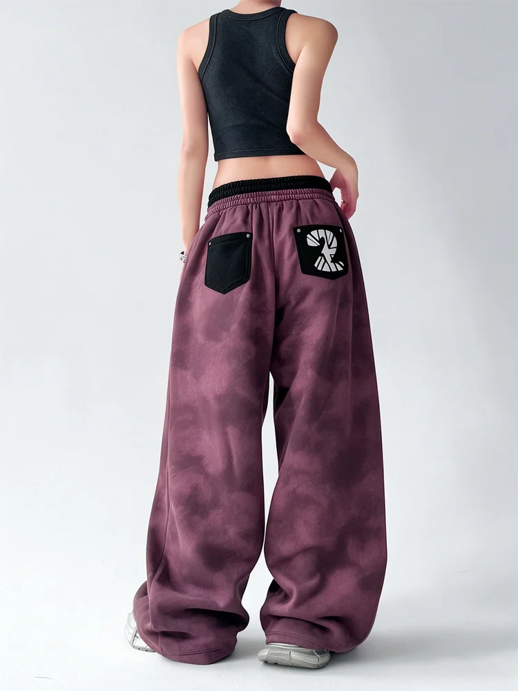 Autumn Winter Unisex Vintage Hip Hop Washed Purple Skull Graphic Dual Waist Rivet Wide Leg Relaxed Pants Casual Daily Wear